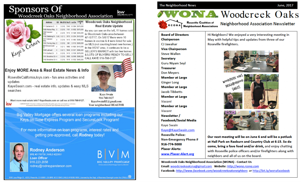 Woodcreek Oaks newsletter June 2017 Page 1 via Kaye Swain